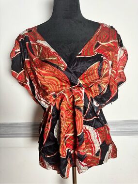 Massimo Dutti Red Black Patterned Wrap-Style Blouse